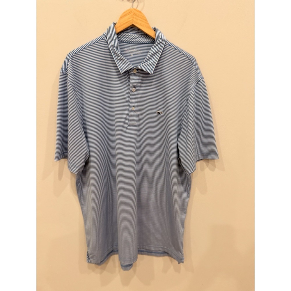 Vineyard Vines Polo Shirt Mens XL Blue White Stripe Whale Performance Stretch *